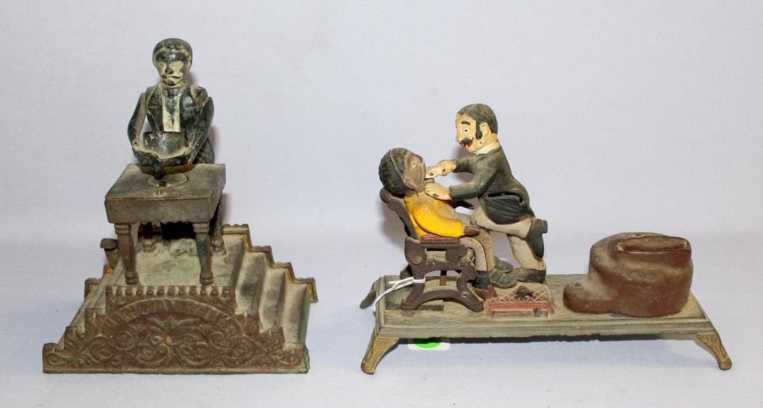 2 Cast Iron Mechanical Bannks, Dentist & Magician. 1.): 2 Cast Iron Mechanical Bannks, Dentist & Magician. 1.) Marked crescent dental Mfg. Co. Dentist bank. Works. 2.) Magician Bank. No closure; paint very worn. Works. Tallest 7 5/8"