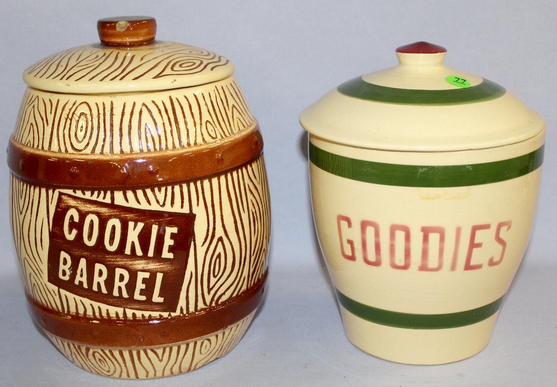 2 Watt Pottery Cookie Jars. 1.) "Goodies" Jar #72,: 2 Watt Pottery Cookie Jars. 1.) "Goodies" Jar #72, large rim chip. 2.) "Cookie Barrel" Jar #6MW" Lid broken, glued and chipped. Tallest 10 3/4"
