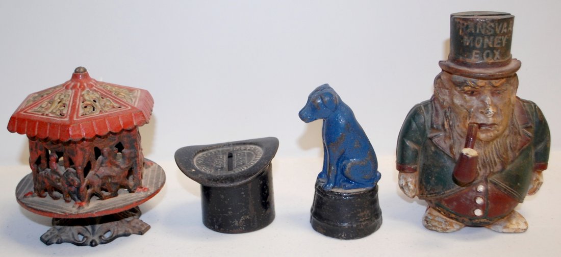 4 Cast Iron Still Banks, Vintage. 1.) "Pass Around The: 4 Cast Iron Still Banks, Vintage. 1.) "Pass Around The Hat" Paten Applied for; Lincoln Bank; 2.) "Tansvaal Money Box" By Permission of The Proprietors of The Westminster Gazelie Reproduction.