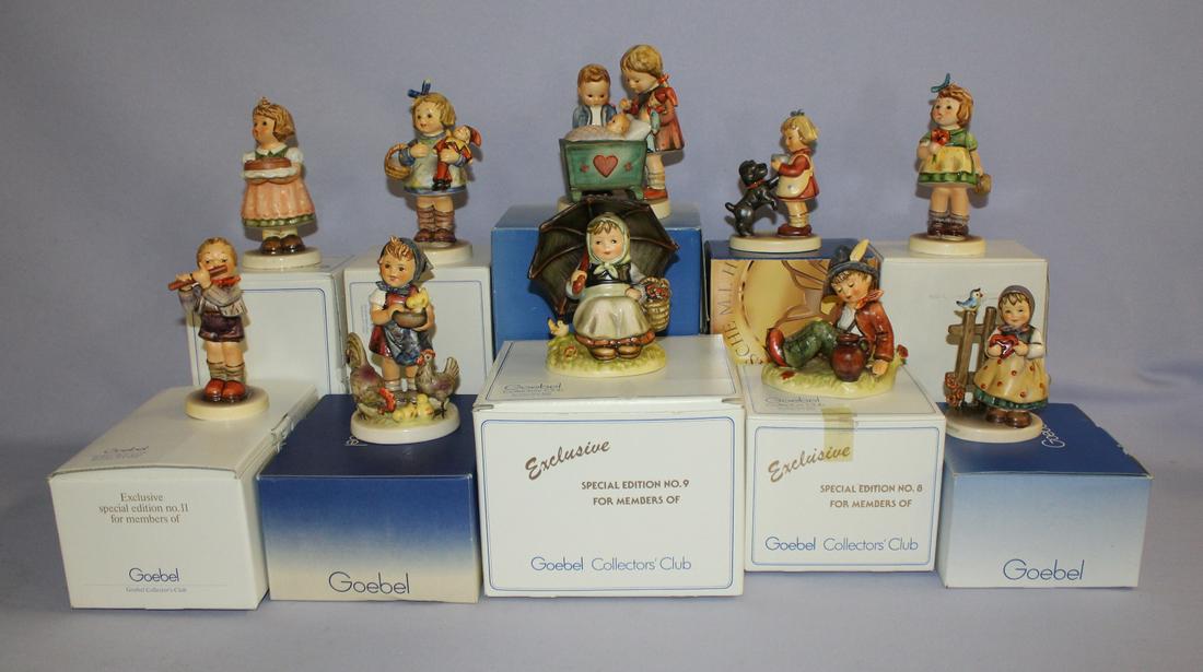 10 Goebel Hummel Figurines & Club Figurines. All with: 10 Goebel Hummel Figurines & Club Figurines. All with original boxes. 1.) Blessed event; #333 2.) Sweet Greetings; #352. 3.) Feeding Time; #199/I 4.) Puppy Pause, #2032, 1st issue 2002. 5.) Coll. Club