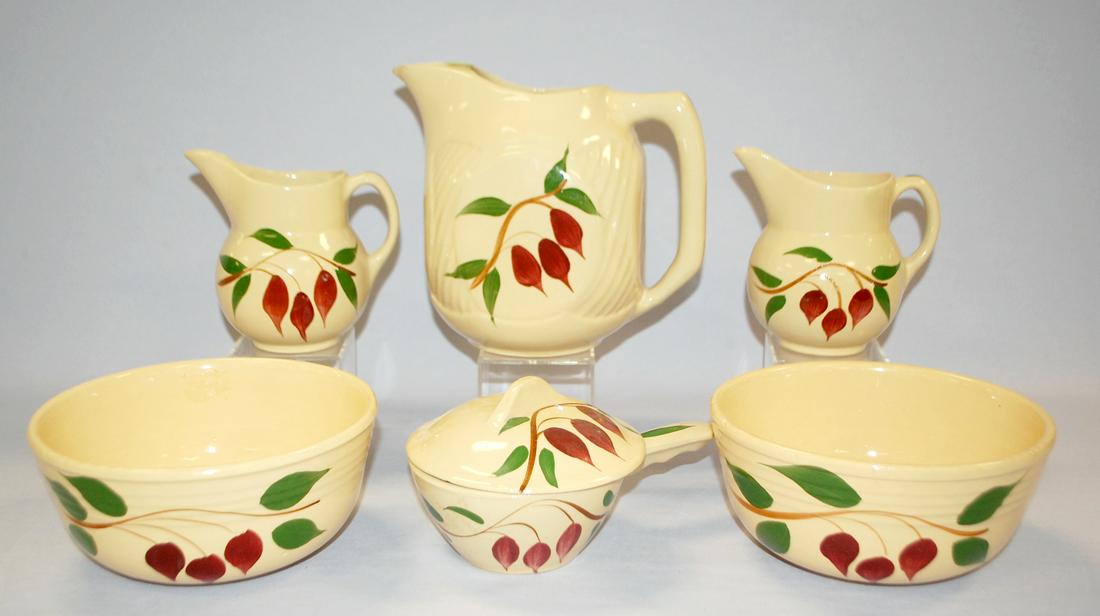 6 Watt Pottery American Red Bud Tableware: 6 Watt Pottery American Red Bud Tableware Collectibles. 1.) Refirdgerator pitcher, #69. 2.) French covered casserole with lid, #18. 3.) 2 Nappies, #07. 4.) 2 cream pitchers, #15.