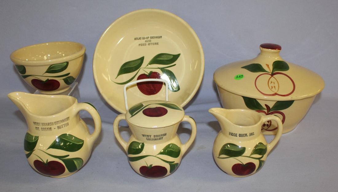6 Watt Pottery Apple Tableware Collectibles. 1.) Pie: 6 Watt Pottery Apple Tableware Collectibles. 1.) Pie dish, advertising "Atlas co-op creamery and feed store" #33, 3 leaf. 2.) Bowl, advertising "Bremer Oil Co. Phillips 66 Bremer & Waverly," #6, 3 lea