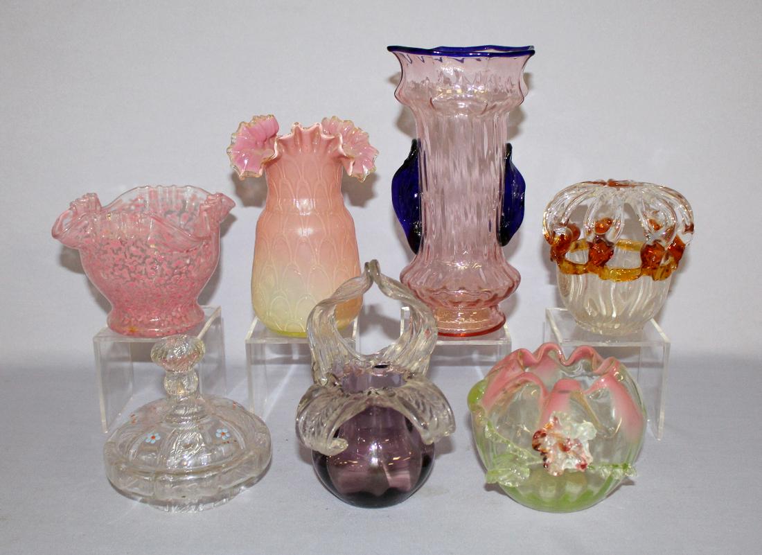 6 Art Glass Vases & A Lid; Czecho. 1.) Blown glass: 6 Art Glass Vases & A Lid; Czecho. 1.) Blown glass yellow to pink, crimped & ruffled rim. 2.) Czecho slovakia basket with flower frog top; clear and amber, has a worn sticker. 3.) Stevens & Williams r