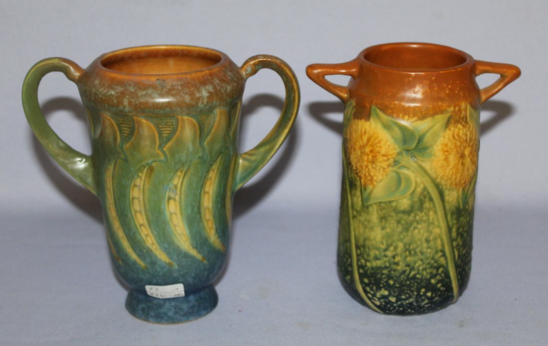 Roseville Sunflower & Falline Vases. Sunflower,: Roseville Sunflower & Falline Vases. Sunflower, unmarked. 6" T with repaired rim, Falline vase with Roseville sticker. 6 1/4" T.