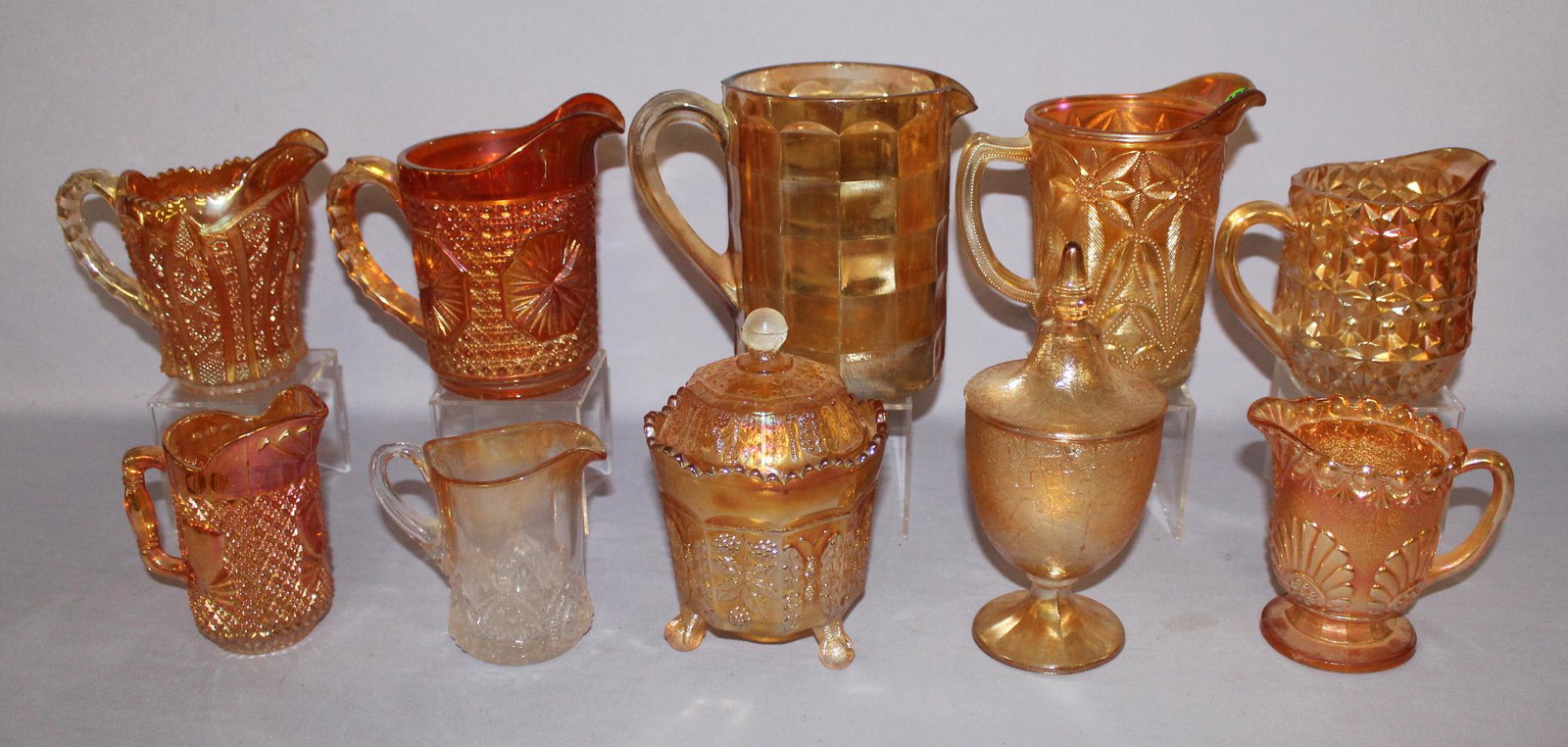 9 Marigo Carved Glass Tableware Collectibles. 1.) Tree: 9 Marigo Carved Glass Tableware Collectibles. 1.) Tree of life covered sugar. 2.) Butterfly and Berry Covered Sugar. 3.) Shell creamer(No Lid). 4.) Milk Pitcher floral and beaded leaf pattern. 5.) Mil