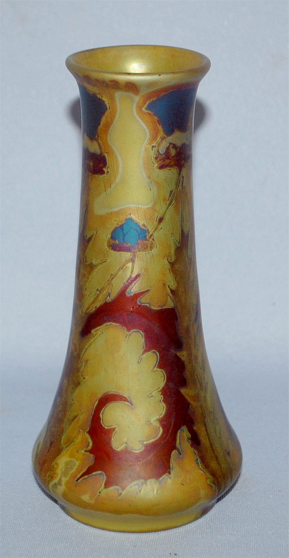 Signed A.D. Caranza Art Glass Vase, Thistle Motif:: Signed A.D. Caranza Art Glass Vase, Thistle Motif: decorated with thistle plants; very smooth exterior; the iridescence on several of the colors is very sharp against the background. Artist name is Ca