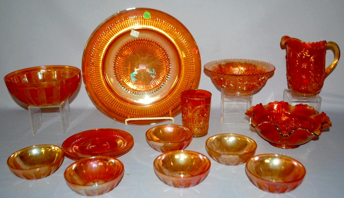 14 Pieces of Marigold Carved Glass Tableware: 14 Pieces of Marigold Carved Glass Tableware Collectibles. 1.) 3 pcs imperial glass, windmill pattern glass; tumbler; milk pitcher and bowl. 2.) Open Rosebowl; exterior and interior pattern. 3.) 10 pc