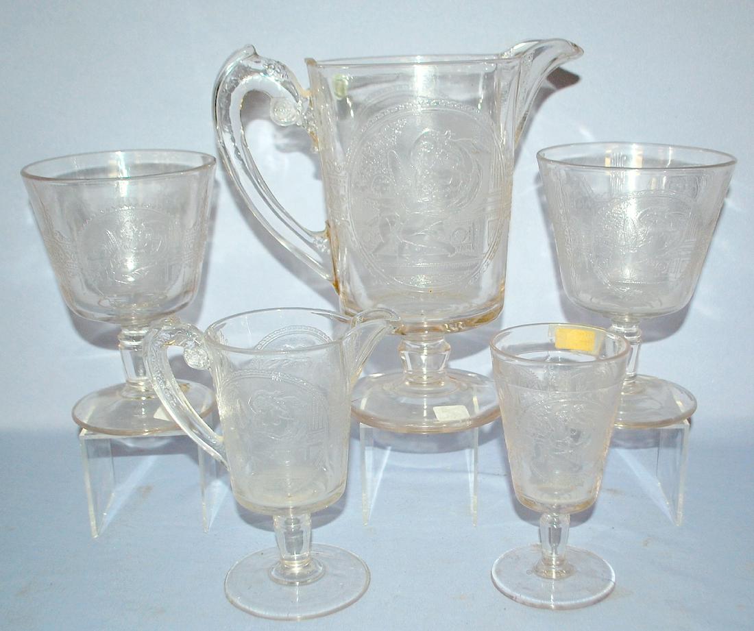 5 EAPG Psyche & Cupid Tableware Collectibles. Water: 5 EAPG Psyche & Cupid Tableware Collectibles. Water pitcher; creamer; 2 sugar bowls(No lids); and a goblet. Tallest