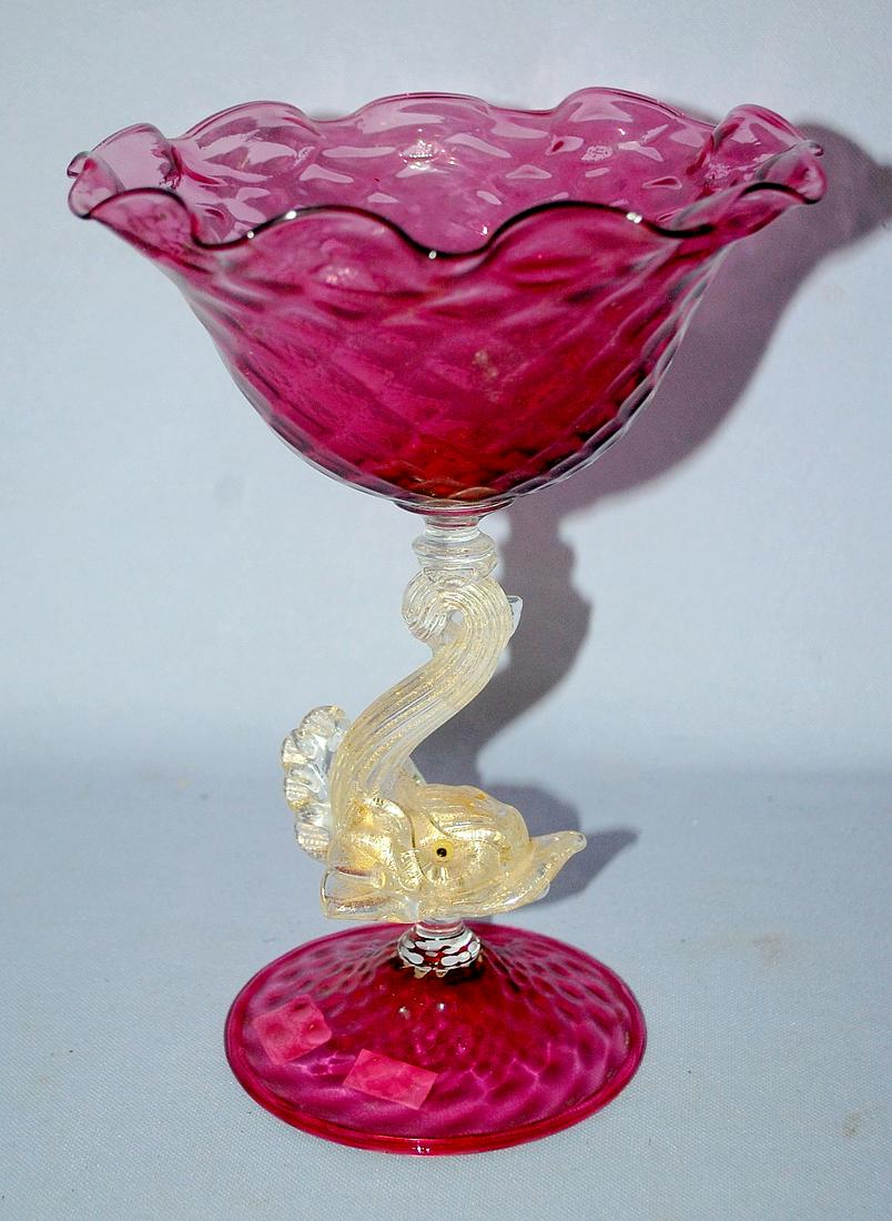 Venetian Cranberry & Lutz Dolphin Stemmed Compote:: Venetian Cranberry & Lutz Dolphin Stemmed Compote: cranberry glass foot and bowl with diamond pattern; stem is clear with Lutz in the form of a dolphin with tail up. 8 1/2" T