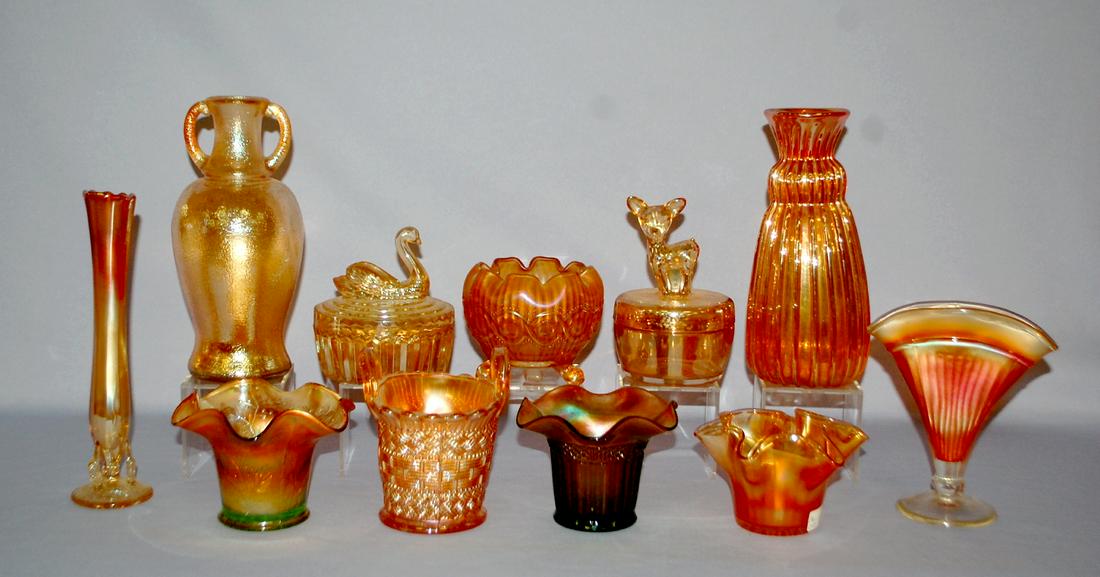 11 Marigold Colored and Carnival Glass Collectibles:: 11 Marigold Colored and Carnival Glass Collectibles: 1.) Holly ruffled vase, green to marigold. 2.) Northwood Diamond and Rib bowl, green to marigold. 3.) Footed Chain-link rose bowl. 4.) Basket weave