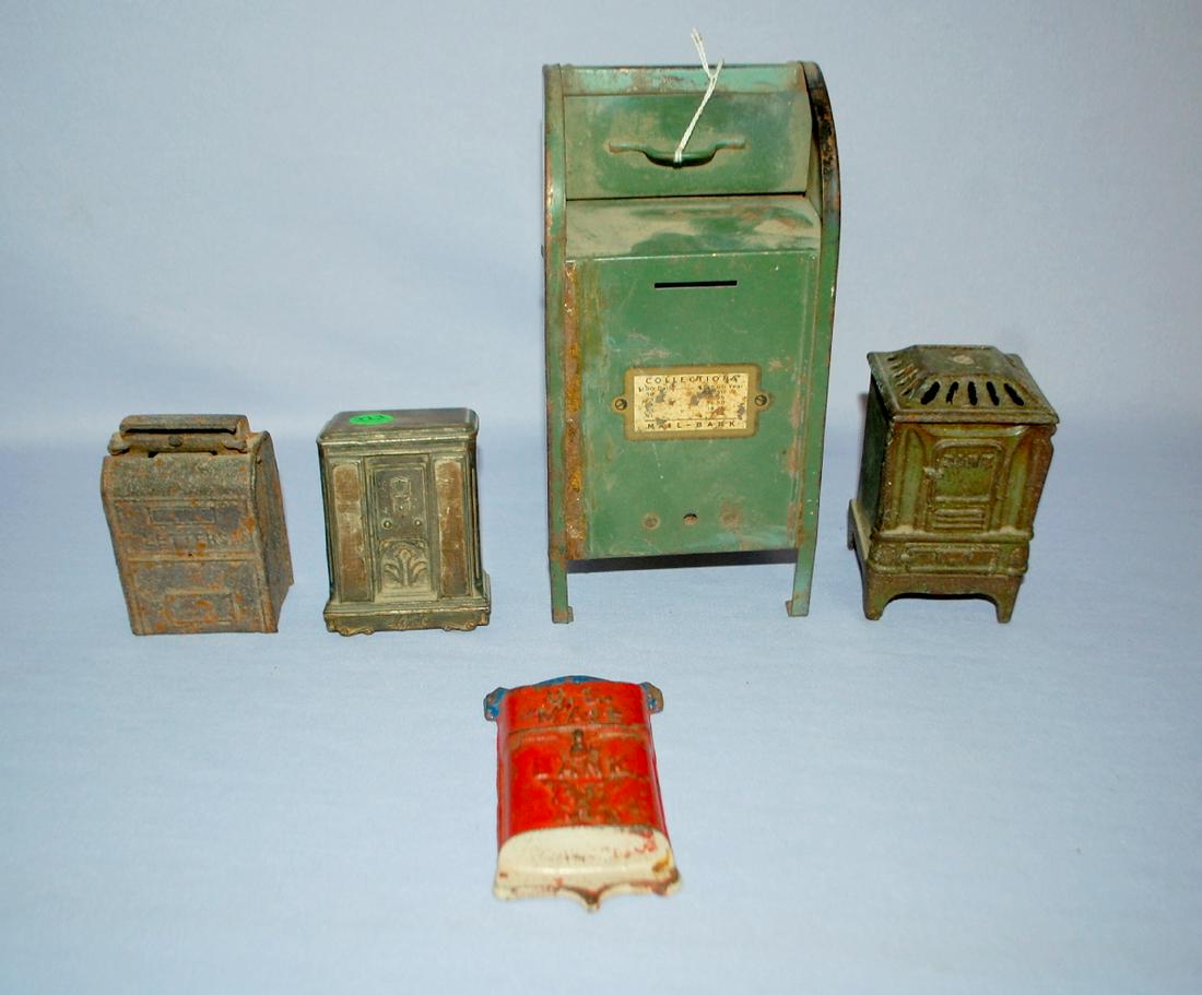 5 Vintage Metal Still Banks, Postal +: 1.) Cast iron: 5 Vintage Metal Still Banks, Postal +: 1.) Cast iron "U.S. Mail" hanging bank, A.C. Williams. 2.) Cast Iron "Letters" mailbox, maker unknown. 3.) Tin mail box "Collection Mail-Bank" (No closure.) 4.)