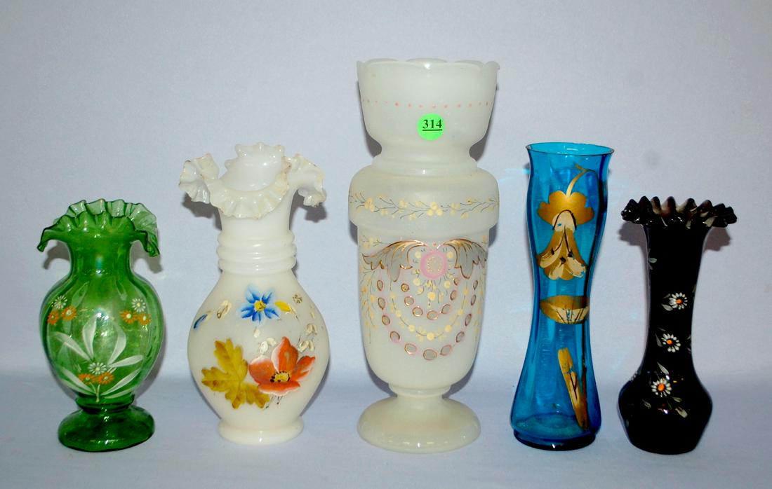 5 Victorian Enamel Decorated Vases: 1.) Amethyst glass: 5 Victorian Enamel Decorated Vases: 1.) Amethyst glass with enameled daisies, broken pontil. 2.) Green with tiny flowers and white leaves, broken pontil. 3.) Blue with gold flower, smooth base. 4.) Wh