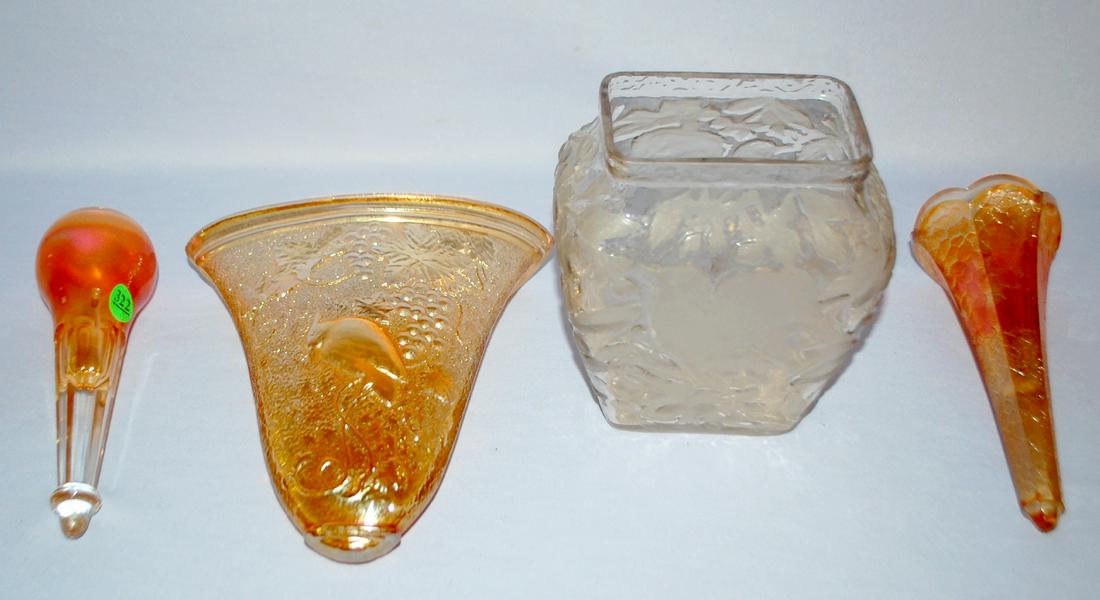 Phoenix Glass and Marigold Carnival Glass Vases: 1.): Phoenix Glass and Marigold Carnival Glass Vases: 1.) Frosted and crystal Phoenix Consolidated bird vase. 2.) Marigold Tree of Life car vase (No holder.) 3.) Marigold Bird and Grape fan wall vase. 4.)