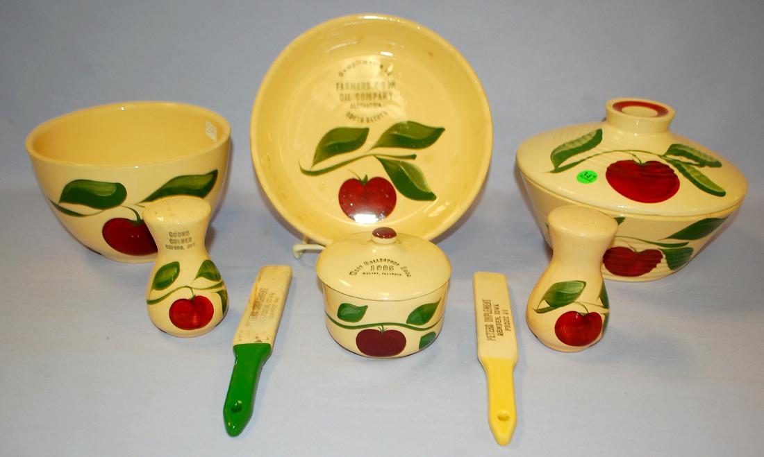 7 Watt Pottery "Apple" Advertising Tableware: 7 Watt Pottery "Apple" Advertising Tableware Collectibles: 1.) Ribbed covered bowl, #601 and mixing bowl #8 both "Huber's Store Ft. Atkinson, IA" 2.) Pie Dish, #33" "Farmer's Union Oil Co. Alexandria,