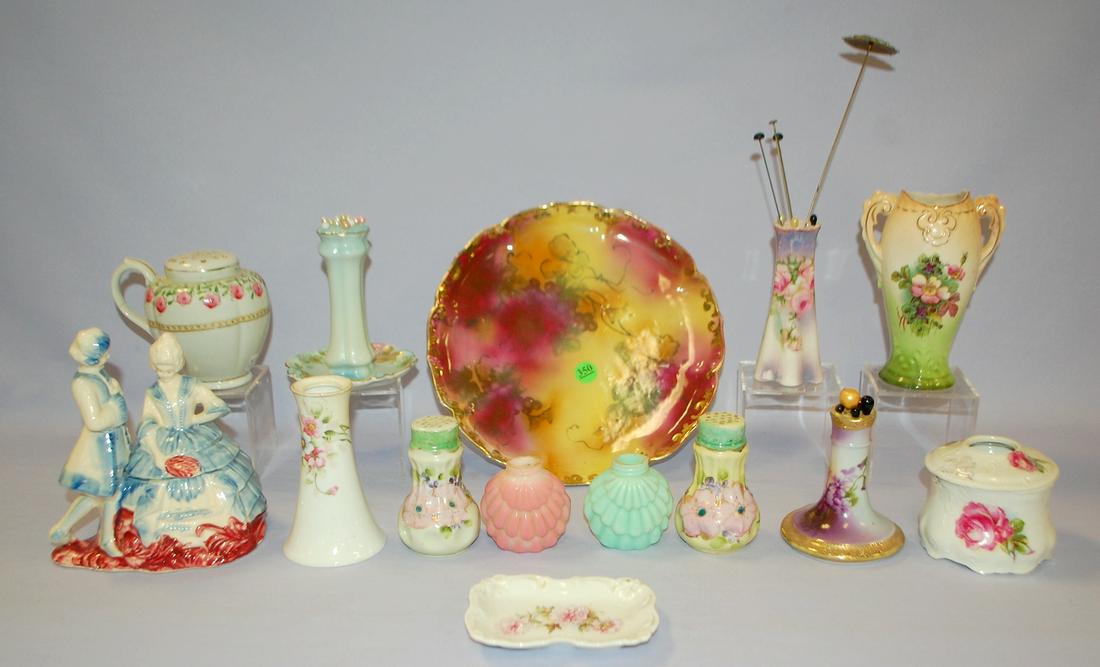 12 Antique & Vintage Ceramic & Glass Collectibles: 1.): 12 Antique & Vintage Ceramic & Glass Collectibles: 1.) 3 China hatpin holders, all floral; 1 Nippon, 1 R.S. and 1 S.E. includes 25 misc. hatpins with the best one being set with an amethyst paste ston