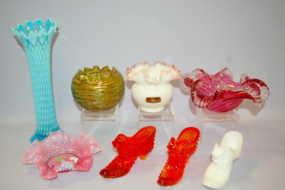 8 Antique and Vintage Colored Glass Collectibles: 1.): 8 Antique and Vintage Colored Glass Collectibles: 1.) Diamond pattern blue opalescent vase. 2.) White with pink trim rose bowl. 3.) Loetz style rose bowl with threading. 4.) Murano style cranberry bow