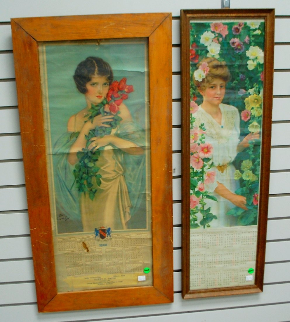 2 Yard Long Calendar Prints, framed: 2 Yard Long Calendar Prints, framed: 1.) 1928 Girl with roses from Harry E. Smith of Russell, Kansas. Frame is 34 1/4" x 16 3/4" 2.) In Grandmother's Garden, girl with hollyhocks, not dated. Frame is 