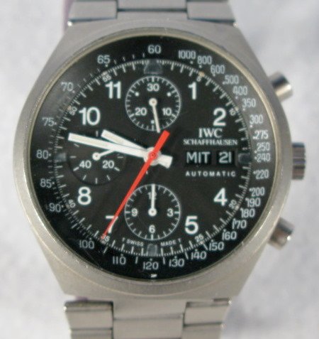 I.W.C. Schaffhausen Auto. Chronograph Wrist Watch: I.W.C. Schaffhausen Auto. Chronograph Wrist Watch: black and white front with 3 dials, day and date. Stainless steel. All items sell As Is, Where Is, no guarantees of any kind. We accept Mastercard & 