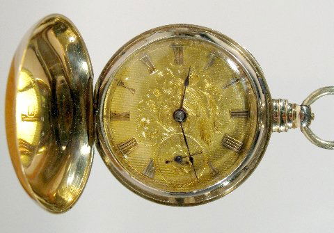Joseph Johnson Liverpool Lever Fusee Pocket Watch: Joseph Johnson, Liverpool Lever Fusee Pocket Watch: numbered 9258 in a hunting case. It is key wind. The gold dial has an exotic bird engraved on it. The multi hinged case is marked with a crown over