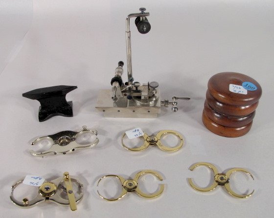 Lathe Attachment & Other Items, Harding & Others: Lathe Attachment & Other Items: 1.) The Harding attachment has 2 upper and 1 lower pulley wheel, plus micrometer. Made of nickel plated steel and in excellent condition. 6" tall as shown, the upper pu
