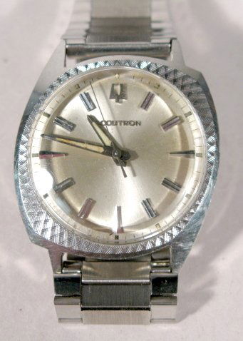 Bulova Accutron No.D21965 Wrist Watch, 1967: Bulova Accutron No.D21965 Wrist Watch, 1967: silver dial, hands and markers. Not opened or tested. Stainless steel. The hands have luminous filler. (The crystal is scuffed up.) All items sell As Is, W