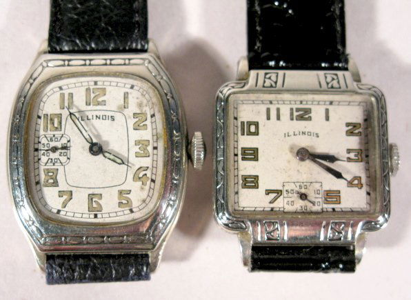 2 Illinois 17J Wrist Watches: 2 Illinois 17J Wrist Watches: 1.) Model 607, serial no.5434275, in a white gold filled case. Silver dial, blue hands, gold numbers. Running at this time. (Some discoloration on the dial. Corrosion on