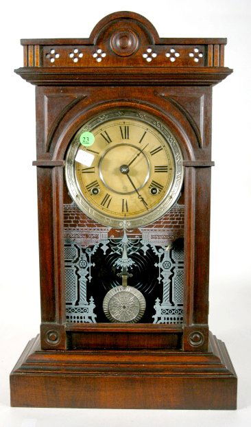 Seth Thomas Walnut Kitchen Clock: Seth Thomas Walnut Kitchen Clock: 8 day time with half hour gong striking movement and a 6" dial. (The dial is original and has darkened. The wood finish is original and slightly worn in heavy contact
