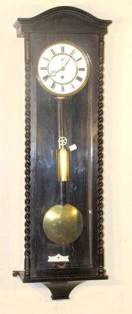 1 Weight Vienna Regulator w/Rope Twist Columns: 1 Weight Vienna Regulator: in an ebonized wood case with rope twist half columns. It has a 7" dial. (The dial is fractured, the case looks good.) 37" long and running at this time All items sell As Is