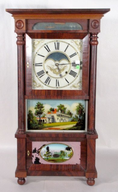 Birge Case & Co. Shelf Clock, Mahogany & Veneer: Birge Case & Co. Shelf Clock, Mahogany & Veneer: with brass weight driven movement. The 10" wood dial with mirror back looks original. There is a partial interior label. (The time of hourly strike nee