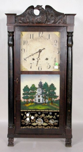 Jerome & Darrow Wood Works Shelf Clock: Jerome & Darrow Wood Works Shelf Clock: weight driven, time and bell striking with a 10 1/2" original looking dial. The columns are stenciled and the mahogany and veneer case is topped with an eagle c