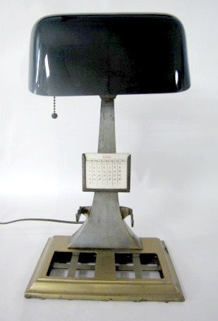 Emeralite Desk Lamp With Calendar Pad: Emeralite Desk Lamp With Calendar Pad and ink stand base, signed 18" (No ink bottle) Thank You for participating in our auction. All items sell As Is, Where Is, no guarantees of any kind. We accept Ma