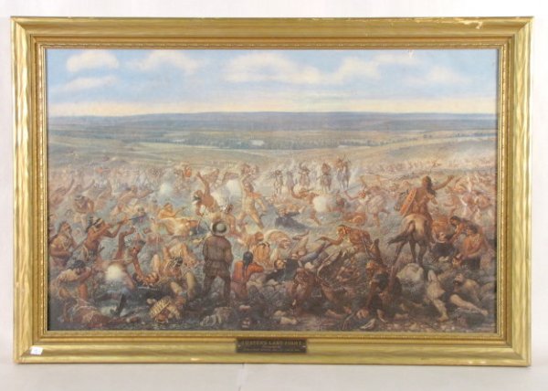 Anheuser-Busch Custer's Last Fight Chromolitho.: Custer's Last Fight Chromolithograph: made for Anheuser-Busch Inc. Made from a painting by O. Becker and in its original frame with name plate. (There are several places repaired from the back.) 28 1/
