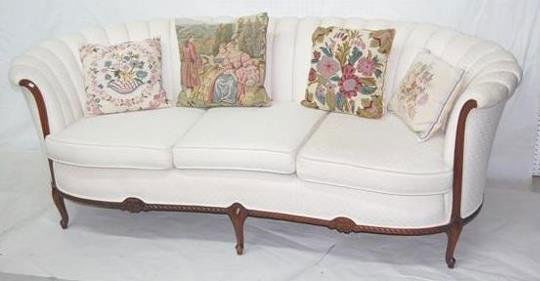 Classical Curved Back Sofa: Classical Curved Back Sofa: white upholstery 31" x 83" (Needs cleaned) *** Please note, this item is F.O.B. Marshalltown, IA, you must make shipping arrangements. Thank You for participating in our au