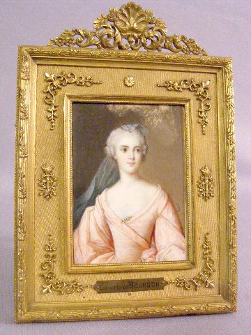 Mid 19th Century Victorian Portrait Miniature: Mid 19th Century Victorian Portrait Miniature: mounted in excellent ornate bronze easel frame. Watercolor portrait on ivory wafer of "Elisabeth of Bourbon - Vendome" born 1614, died 1644, granddaughte
