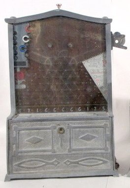 Mills 1 Cent Trade Stimulator, "Target Practice": Mills 1 Cent Trade Stimulator, "Target Practice": you could win gum, 5 cents, 10 cents or 25 cents in trade. The case is aluminum with wood backboard and has Mills labels inside the play area. (The ba