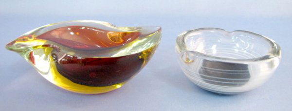 Murano Style Ash Receiver & Dish: 2 Murano Style Glass Dishes: 1.) Clear ash receiver with horizontal white opalescent stripes and a dark blue bottom. 2 1/4" x 4 5/8" 2.) Squatty S shaped dish, clear with amber. 2 1/2" x 7 1/4" No con