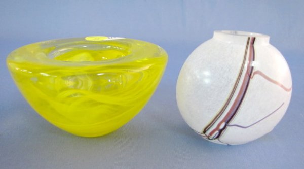 Kosta Boda Rainbow Vase & Yellow Bowl: Kosta Boda Rainbow Vase & Yellow Bowl: 1.) Kosta Boda No.48223 vase is from their Rainbow line. It has a label and incised info, including the number, name B (for Bertil) Vallien and Boda. 3 1/8" tall