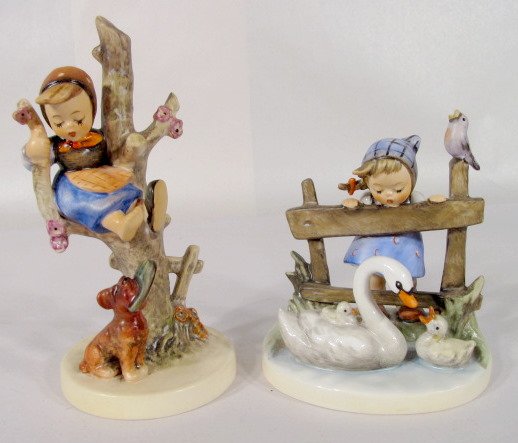 2 Hummel Figurines: Friends, Out of Danger: 2 Hummel Figurines: 1.) No.344 Feathered Friends is dated 1956 and marked Goebel W. Germany, Mark 6. 4 1/2" tall and no condition problems. 2.) No.56/B Out of Danger has mark 5 Goebel W. Germany with 