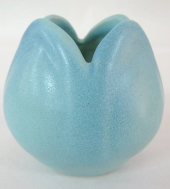 Van Briggle Pottery Floriform Vase: Blue to Green: Van Briggle Pottery Floriform Vase: blue to green glaze. Incised monogram D over a dash and Van Briggle. Colo Spgs. No condition problems. 3 3/4" tall All items sell As Is, Where Is, no guarantees of 