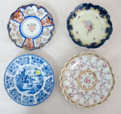 4 Nippon & Japan Plates: Floral & Castle : 4 Nippon & Japan Plates: 1.) Japan blue and white with floral border, castle and carriage scene. 9" wide 2.) 3 unmarked, one has cobalt border and floral center 8 1/2"; one is cobalt and floral 8 1/2"