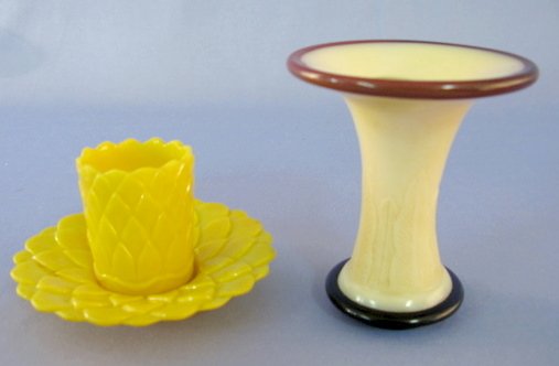 Peking Glass Vase & Toothpick Holder: Peking Glass Vase & Toothpick Holder: 1.) The vase is cream colored with a flared burgundy rim, amethyst foot ring and plantain leaves around the lower body. 4 1/8", no condition problems. 2.) The yel