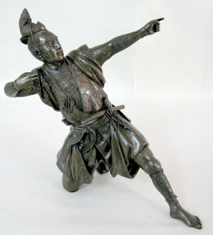 Japanese Bronze Bowmen, Meiji Period: Japanese Bronze Bowmen, Meiji Period: he is posed to let loose his arrow with a now missing bow and arrow. Cast in fine detail and signed by the sculptor. 11" x 11" All items sell As Is, Where Is, no 