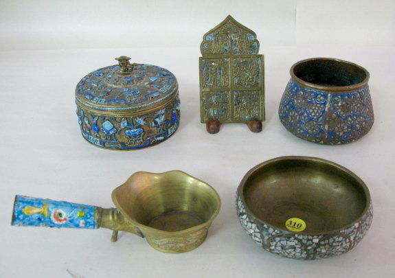5 Enameled Brass & Copper Items: 5 Enameled Brass & Copper Items: 1.) Round box with lid. The designs are raised and enameled in 2 colors of blue and a brown color. The designs include a key border, brush pots, vases of flowers and l