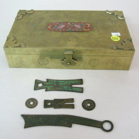 Brass & Cloisonne Chinese Box With 2 Coins: Brass & Cloisonne Chinese Box: the corners on top have applied bats. The top is engraved with a dragon and a mythological bird. An oval of cloisonne flowers on a red ground is on the lids center. Mark