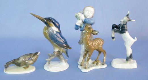 Rosenthal Kingfisher, Duck, Goat & Fawn: 4 Rosenthal Figures: 1.) King Fisher on a branch by F. Heidenreich. 6" tall, no condition problems. 2.) Feeding duck by K. Himmelstoss. 4", no condition problems. 3.) Rearing goat. 6" tall (Chipped by