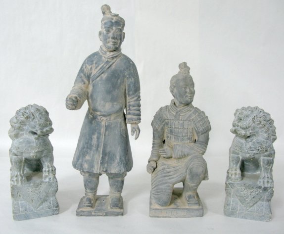 4 Chinese Clay & Soapstone Figures: 4 Chinese Clay & Soapstone Figures: copies of dug artifacts, dark gray with sand residue. 1.) Kneeling figure of a warrior like figure, in the box. 11" tall 2.) Standing figure of a man, 14 1/2" tall,