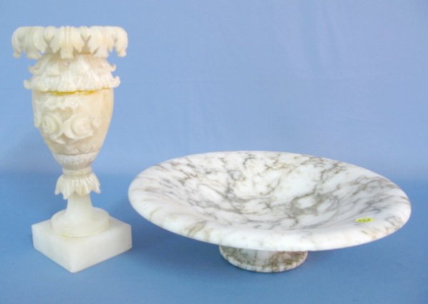 Alabaster Vase & Marble Bowl: Alabaster Vase & Marble Bowl: 1.) The white vase with acanthus leaf and floral carving is 11 1/2" tall. (It has a couple of chipped pieces.) 2.) The marble bowl is black and white with some visible qu
