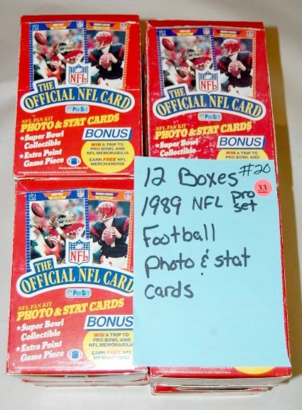 12 Boxes 1989 NFL Pros Card Set: 12 Boxes 1989 NFL Pros Card Set: football photo and stat cards. (Boxes not in mint condition.) All items sell As Is, Where Is, no guarantees of any kind. We accept Mastercard & Visa, no paypal, no per