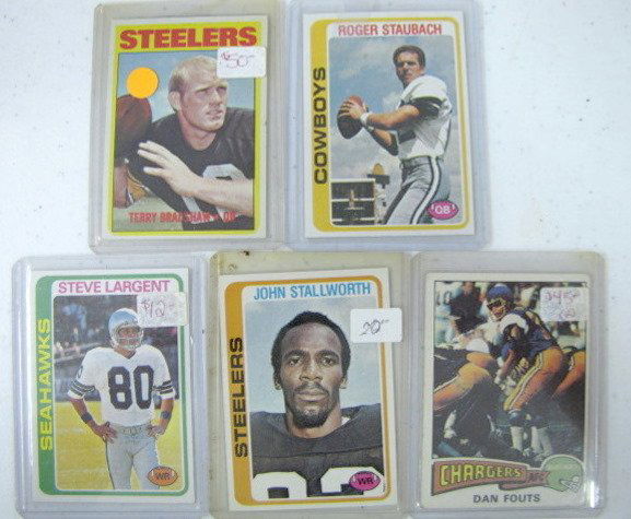 5 Topps Football Cards: Bradshaw 1972 and Others: 5 Topps Football Cards: Bradshaw 1972; Stallworth 1978; Largent 1978; Fouts 1975 and Staubach 1978. (Please see photo for condition.) All items sell As Is, Where Is, no guarantees of any kind. We acce