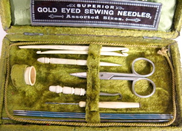 Antique Sewing Kit With 6 Ivory Items - 2